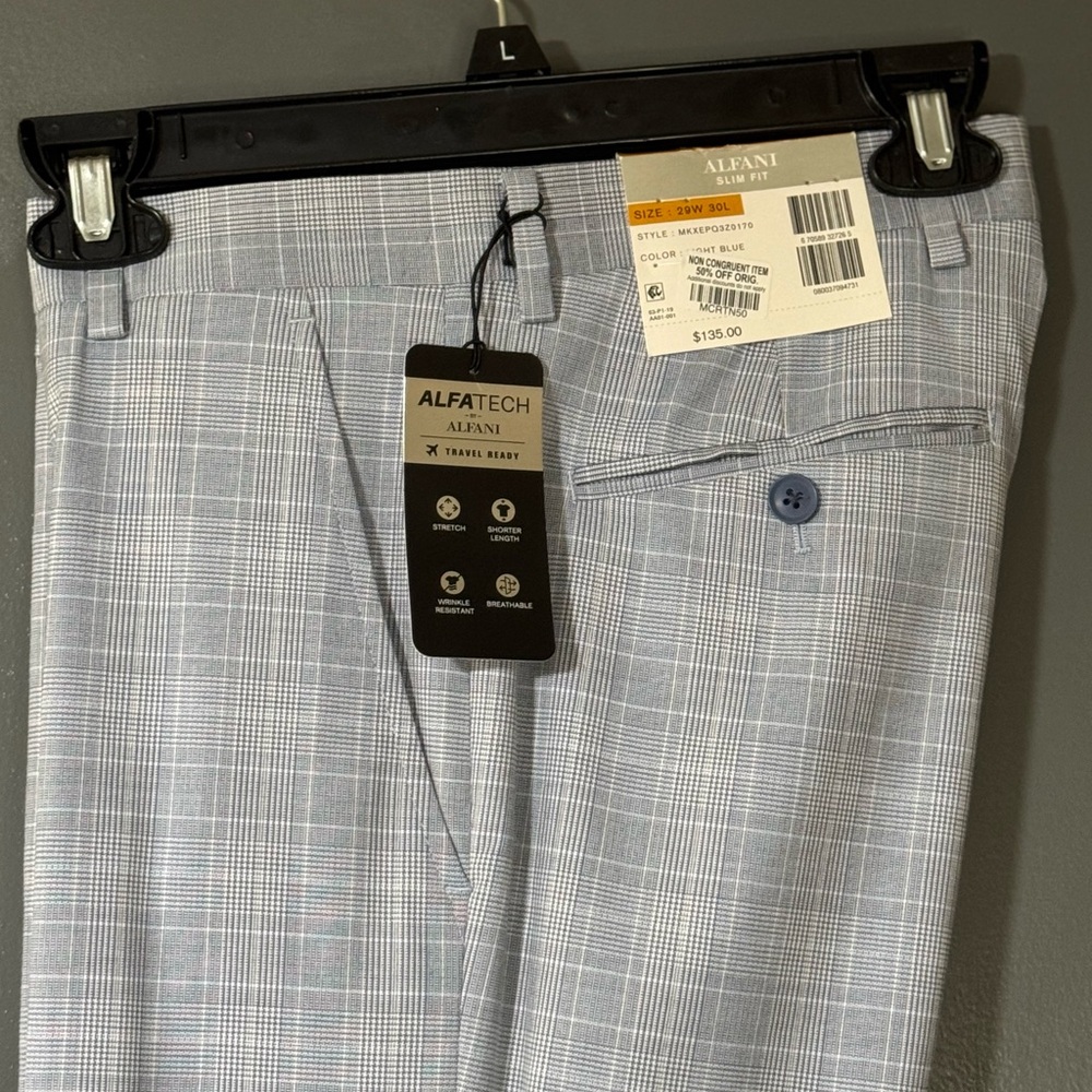 Alfani Light Gray Checkered Slim Fit Pants